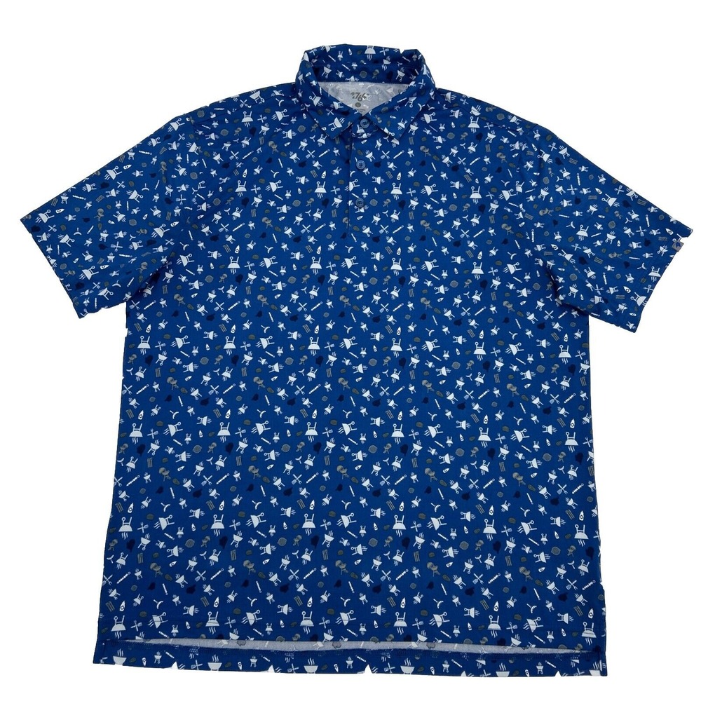 1764 Shirt Men's L Blue Polo Golf Performance Geometric Stretch Barbecue Cookout